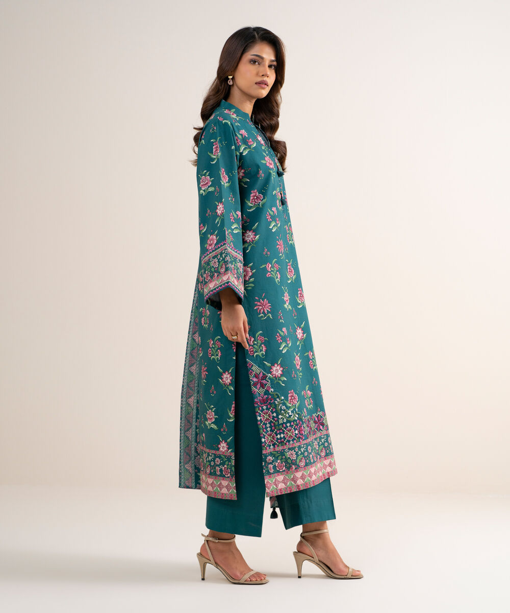 Women's Unstitched Cotton Embroidered Green 3 Piece Suit