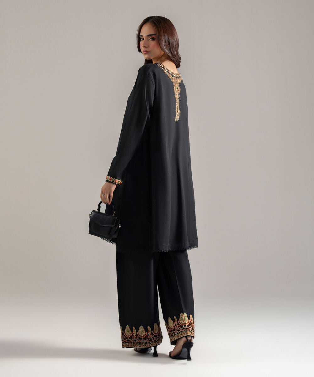 Women's RTW Lawn Solid Embroidered Black Flared A-Line