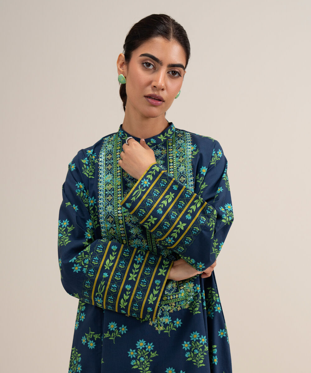 Women's Unstitched Lawn Embroidered Navy Blue 2 Piece Suit