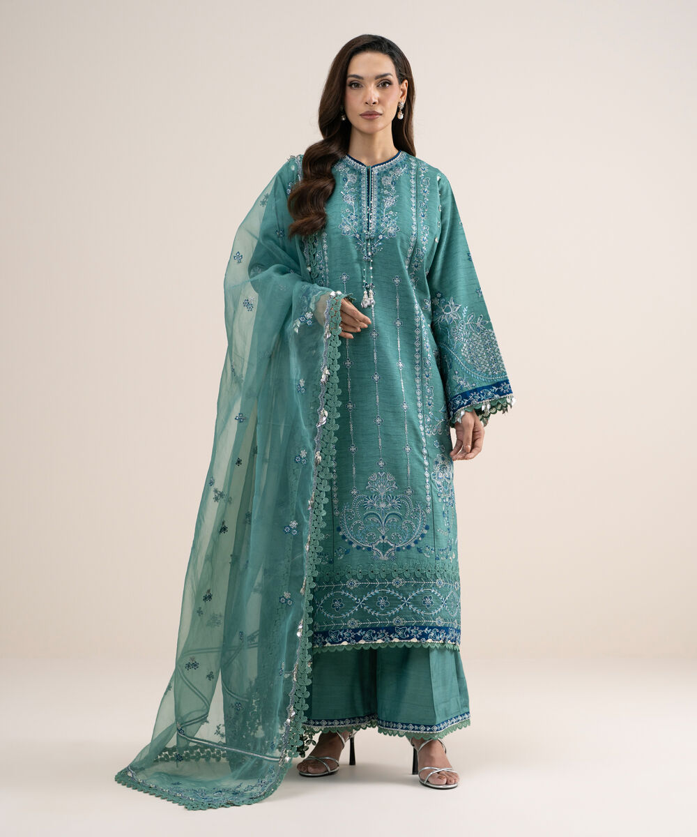 Women's Unstitched Embroidered Viscose Raw Silk Aqua 3 Piece Suit