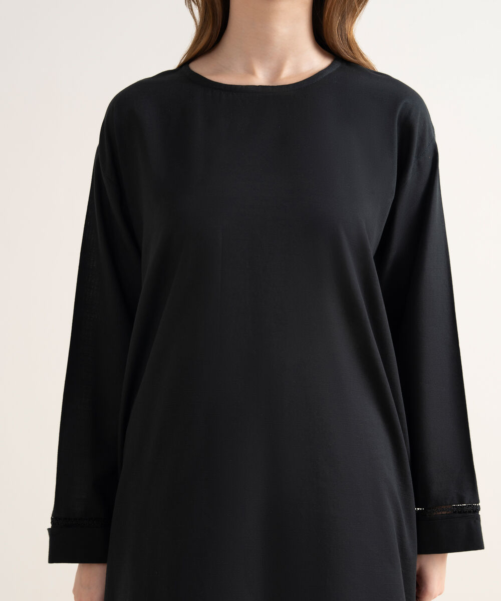 Women's RTW Textured Cotton Solid Drop Shoulder Black Shirt