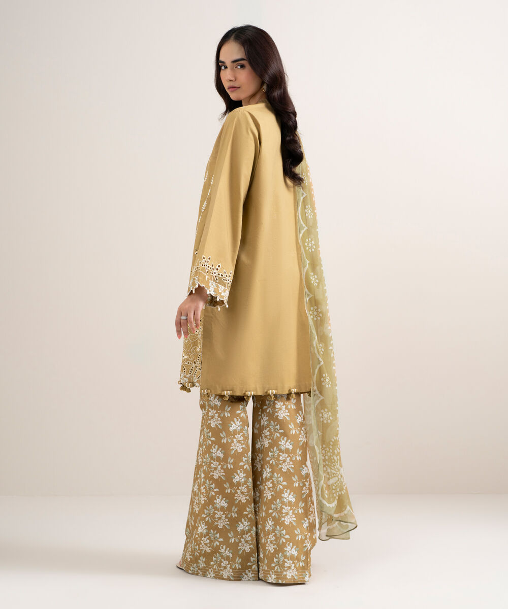 Women's Unstitched Dobby Embroidered Brown 3 Piece Suit