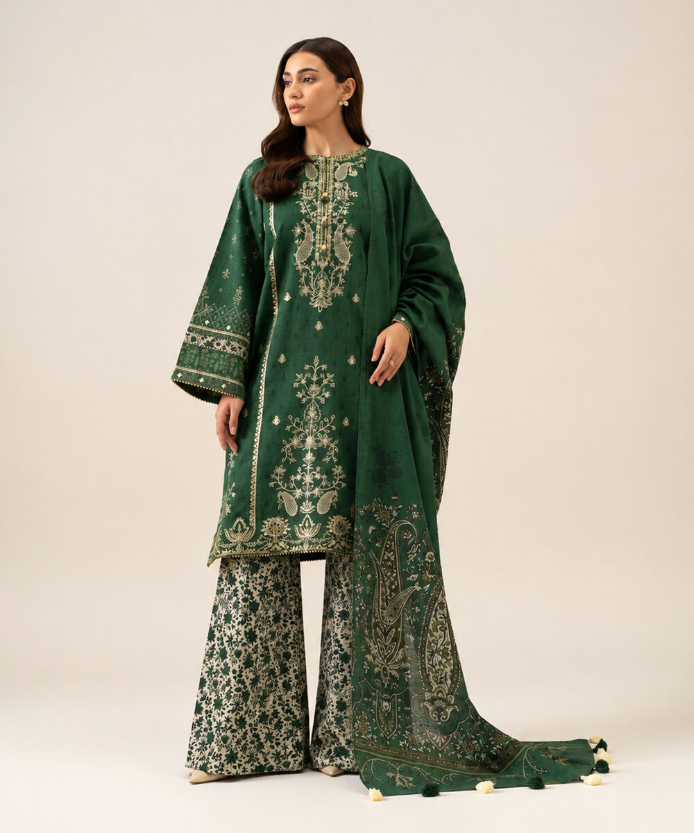 Women's Unstitched Light Khaddar Embroidered Green 3 Piece Suit