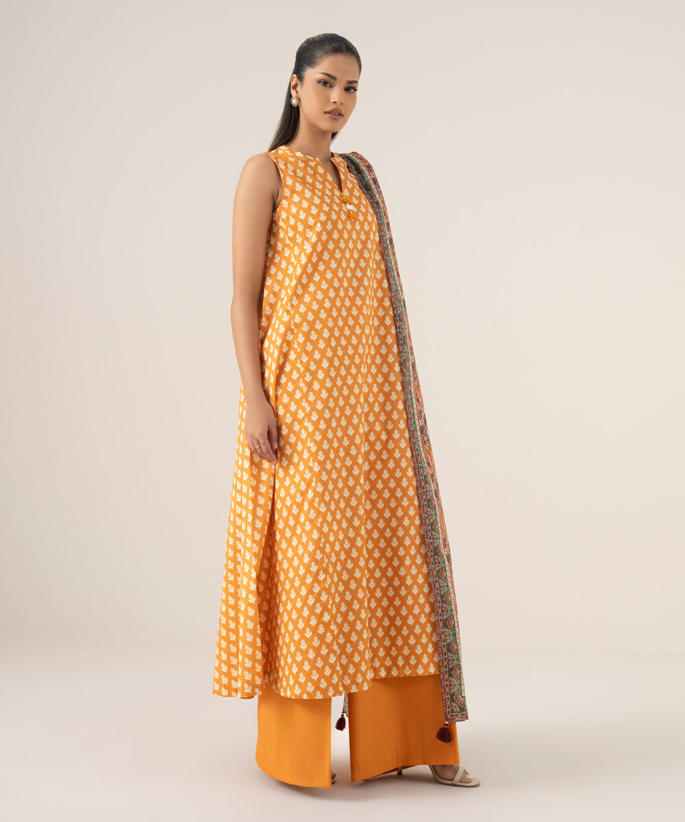 Women's Unstitched Cotton Printed Orange Three Piece Suit