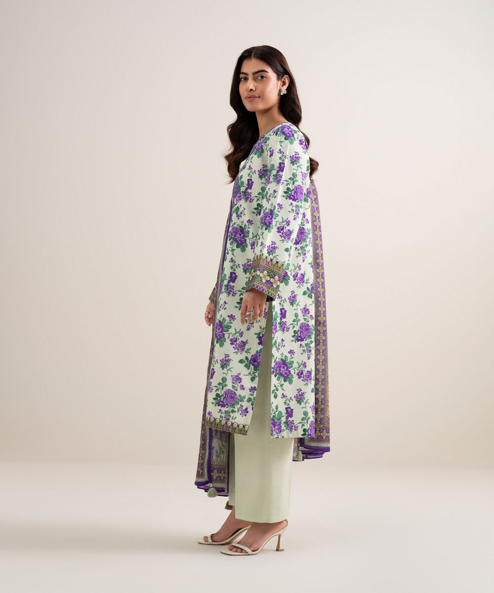 Women's Unstitched Lawn Embroidered Off White and Purple 3 Piece Suit