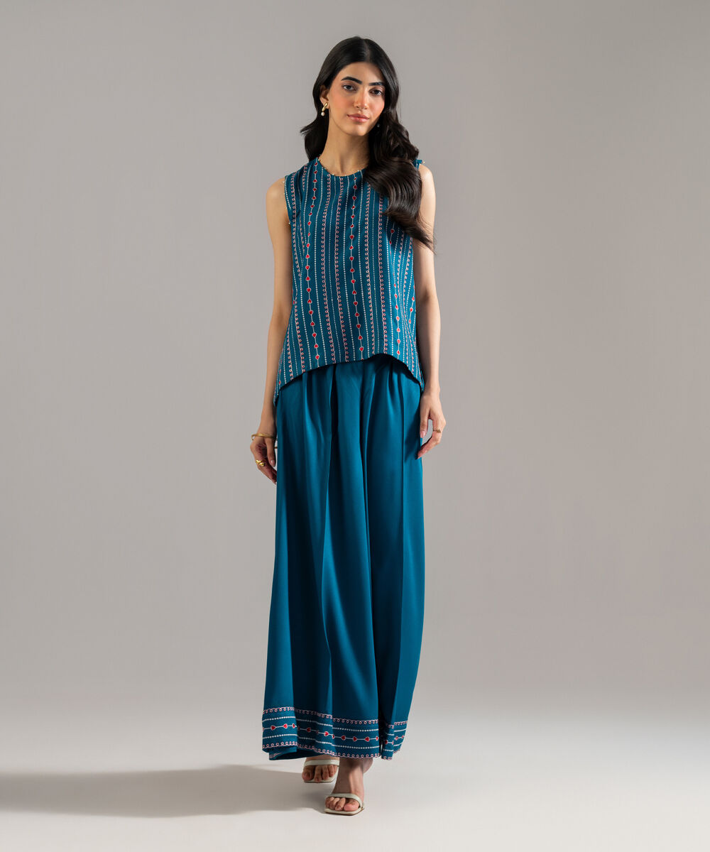 Women's RTW Bedford Solid Embroidered Teal Straight Shirt