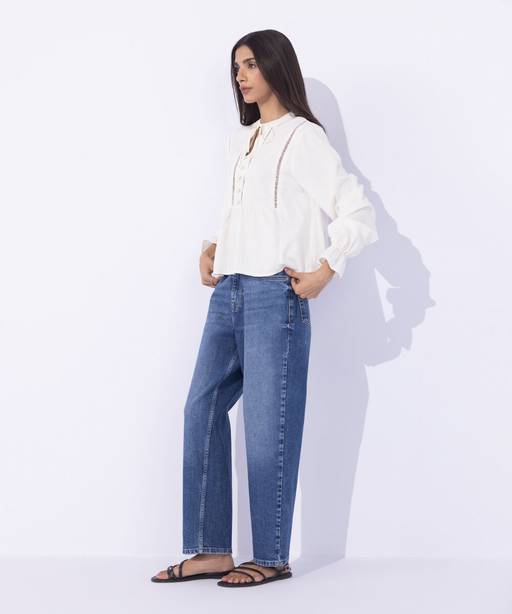 Women's Western Wear White Top With Lace Detail