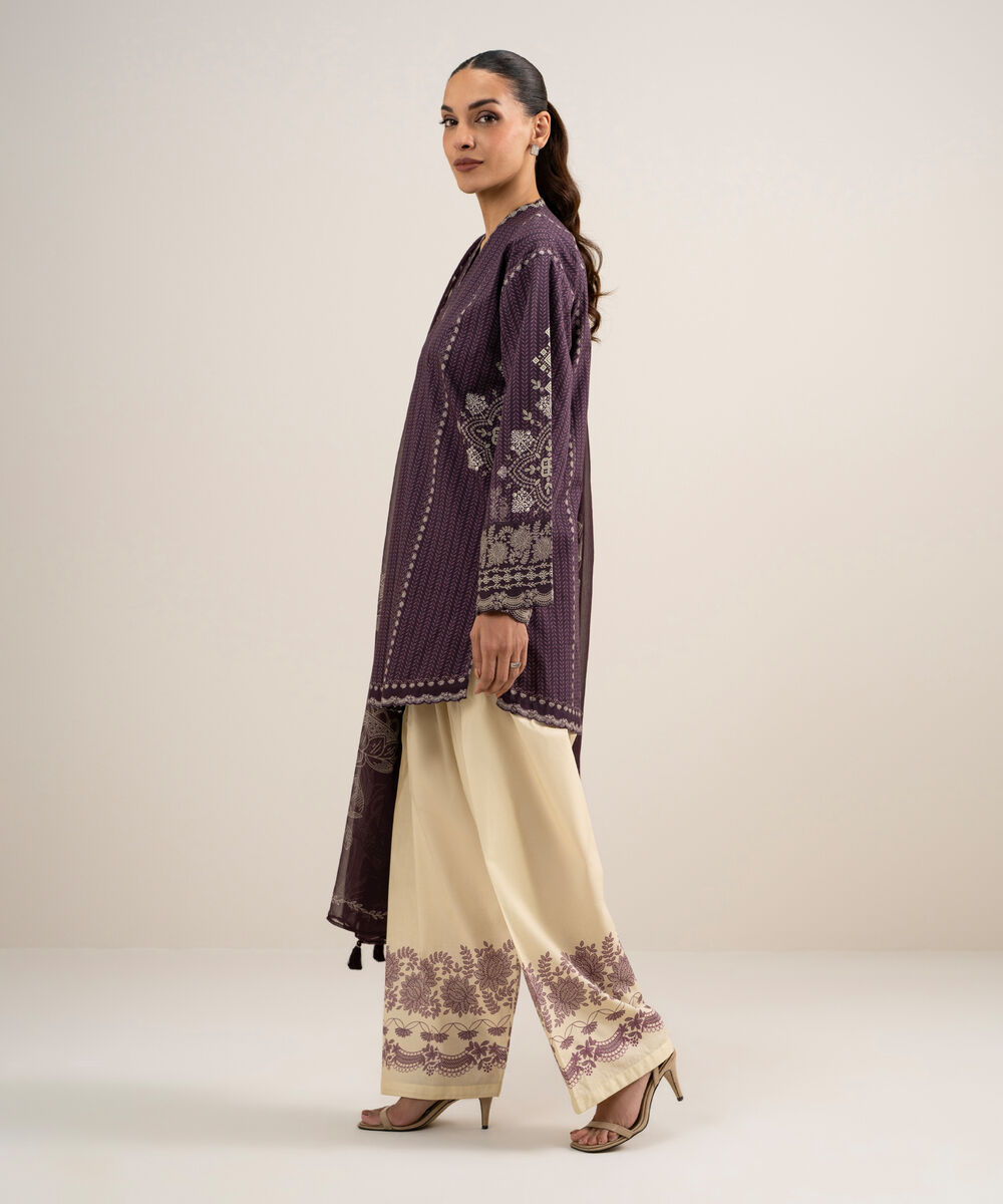 Women's Unstitched Cotton Printed Purple 3 Piece Suit