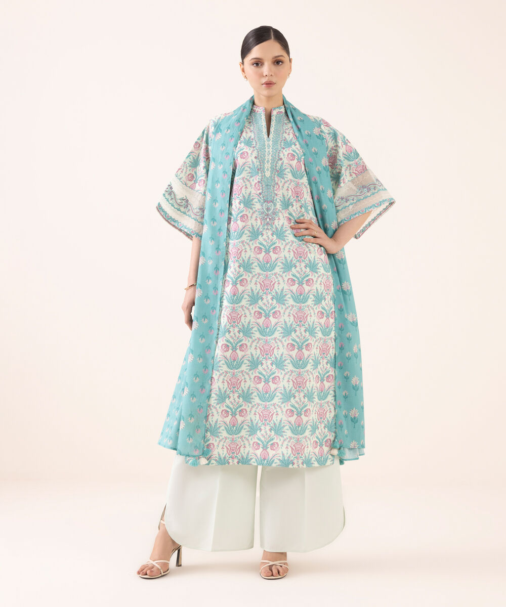 Women's Unstitched Cotton Embroidered Multi Three Piece Suit