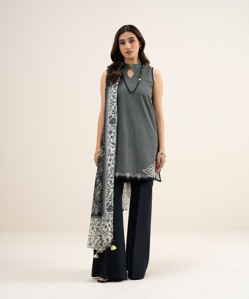 Women's Unstitched Lawn Embroidered Black and Off White 3 Piece Suit