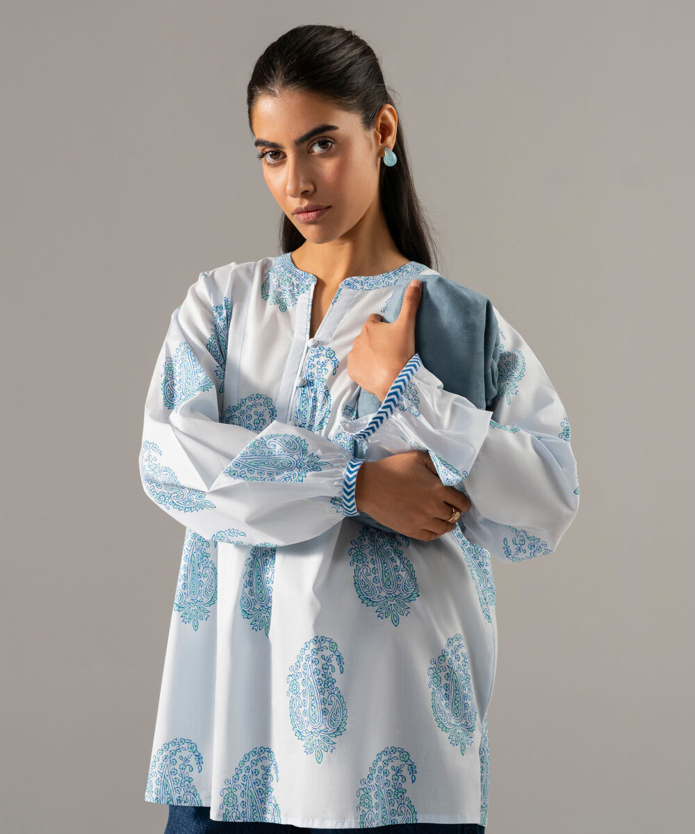 Women's RTW Lawn Printed Blue Straight Shirt