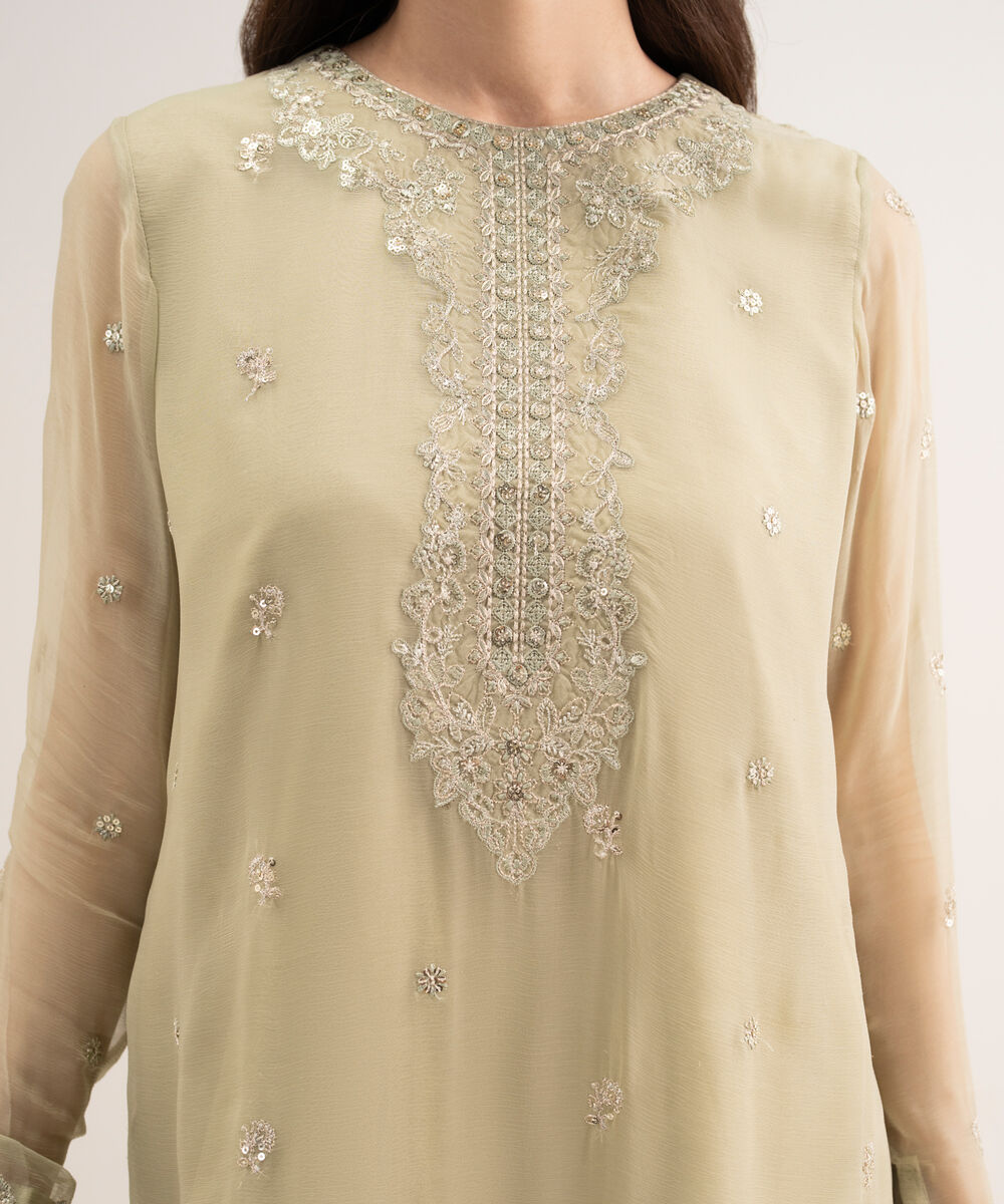 Women's Unstitched Blended Chiffon Embroidered Green 3 Piece Suit
