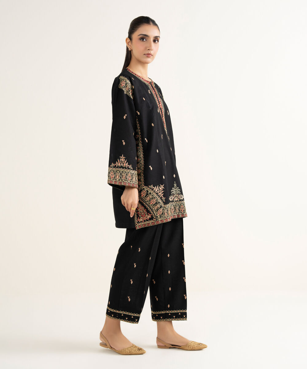 Women's RTW Khaddar Embroidered Black Straight Shirt