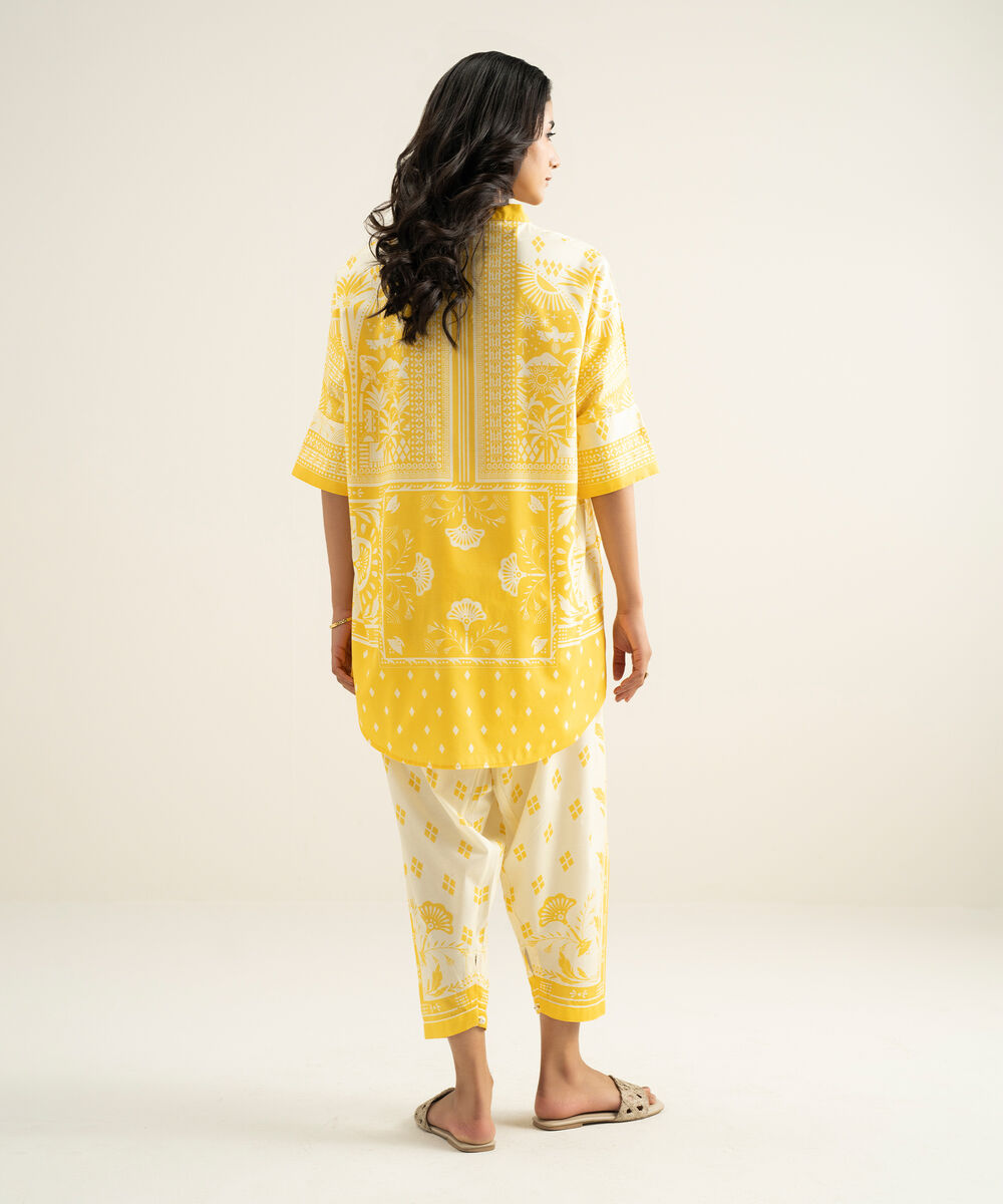 Women's RTW Cotton Viscose Printed Yellow Drop Shoulder Shirt