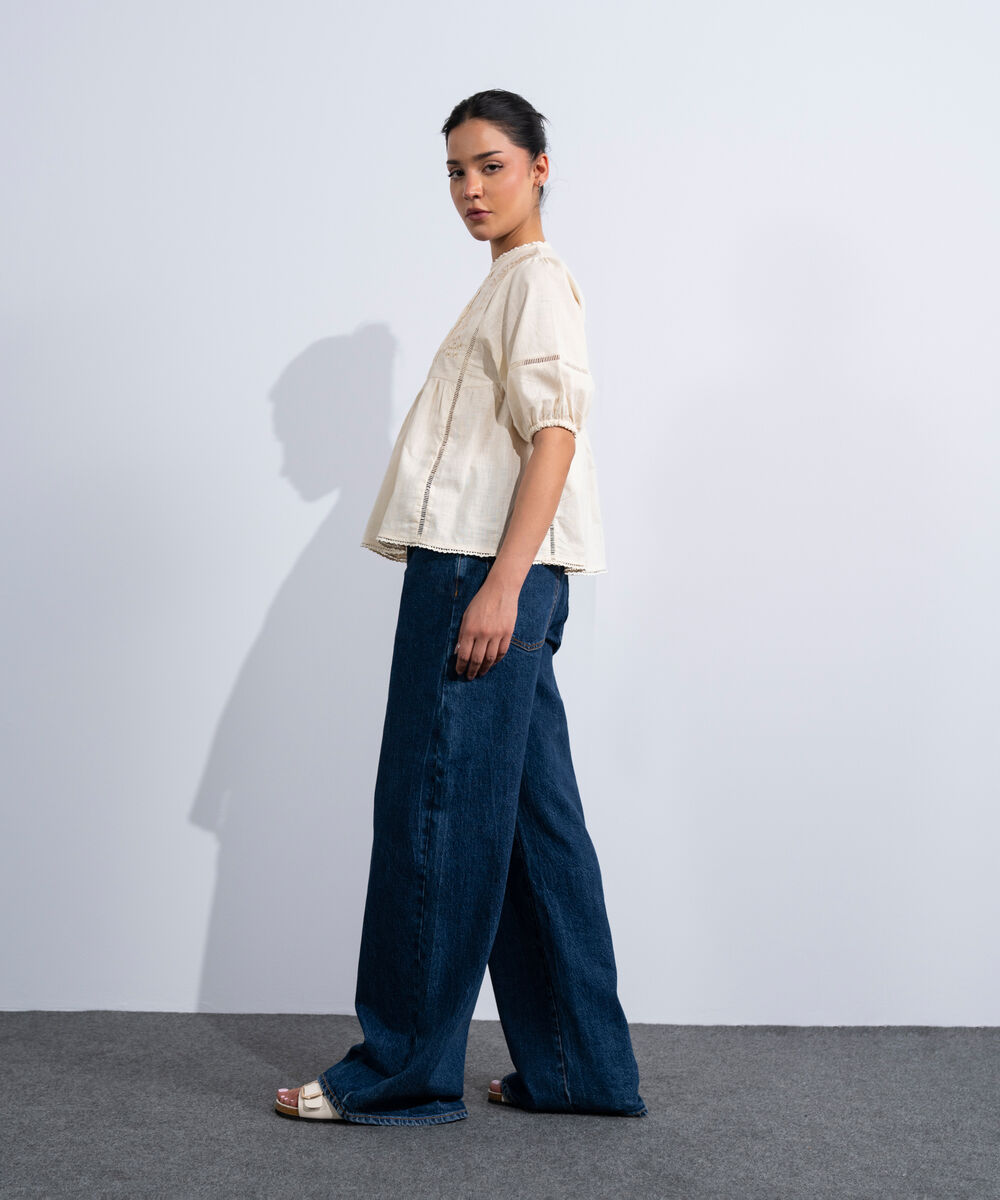 Women's Western Off-White Embroidered Top With Puffed Sleeve