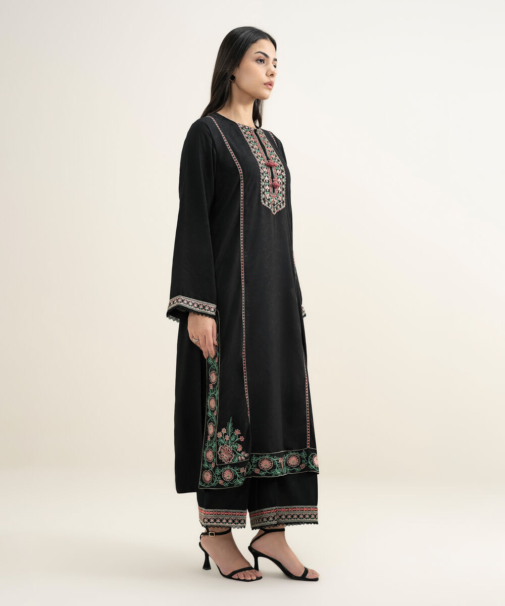Women's RTW Arabic Self Jacquard Embroidered Black Straight Shirt
