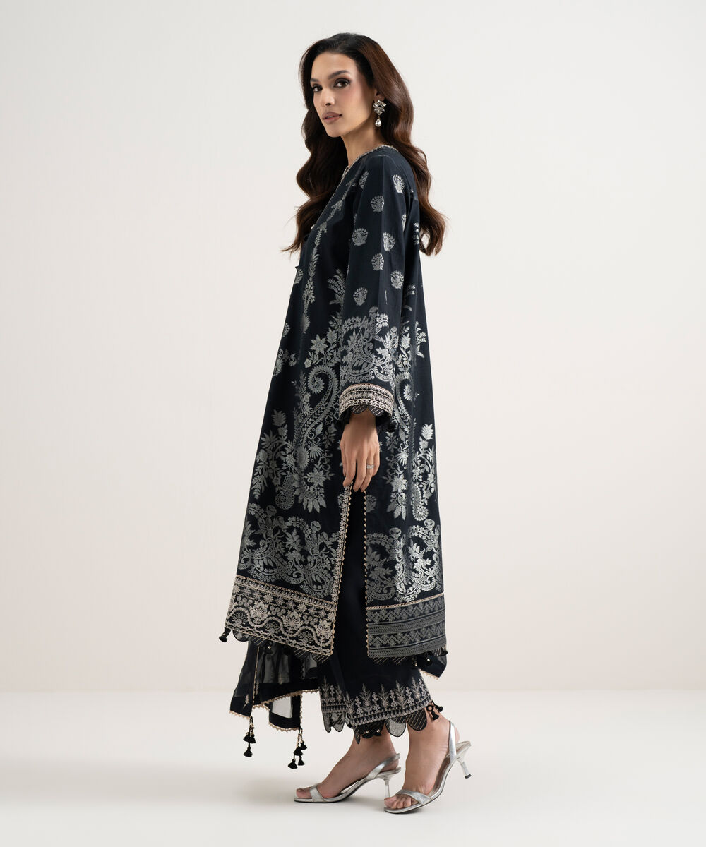 Women's Unstitched Extra Weft Jacquard Embroidered Black 3 Piece Suit