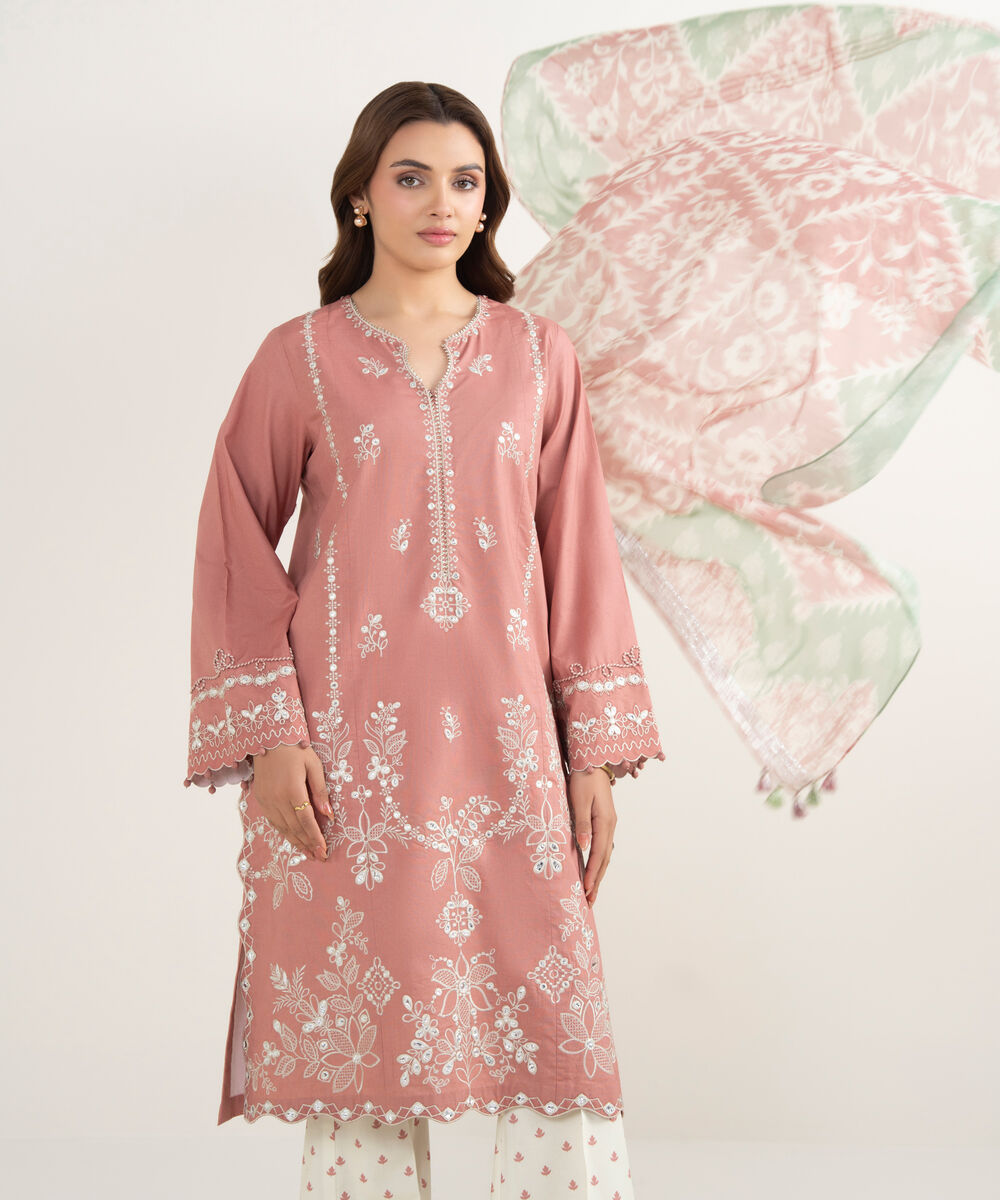 Women's Unstitched Textured Lawn Embroidered Pink 3 Piece Suit
