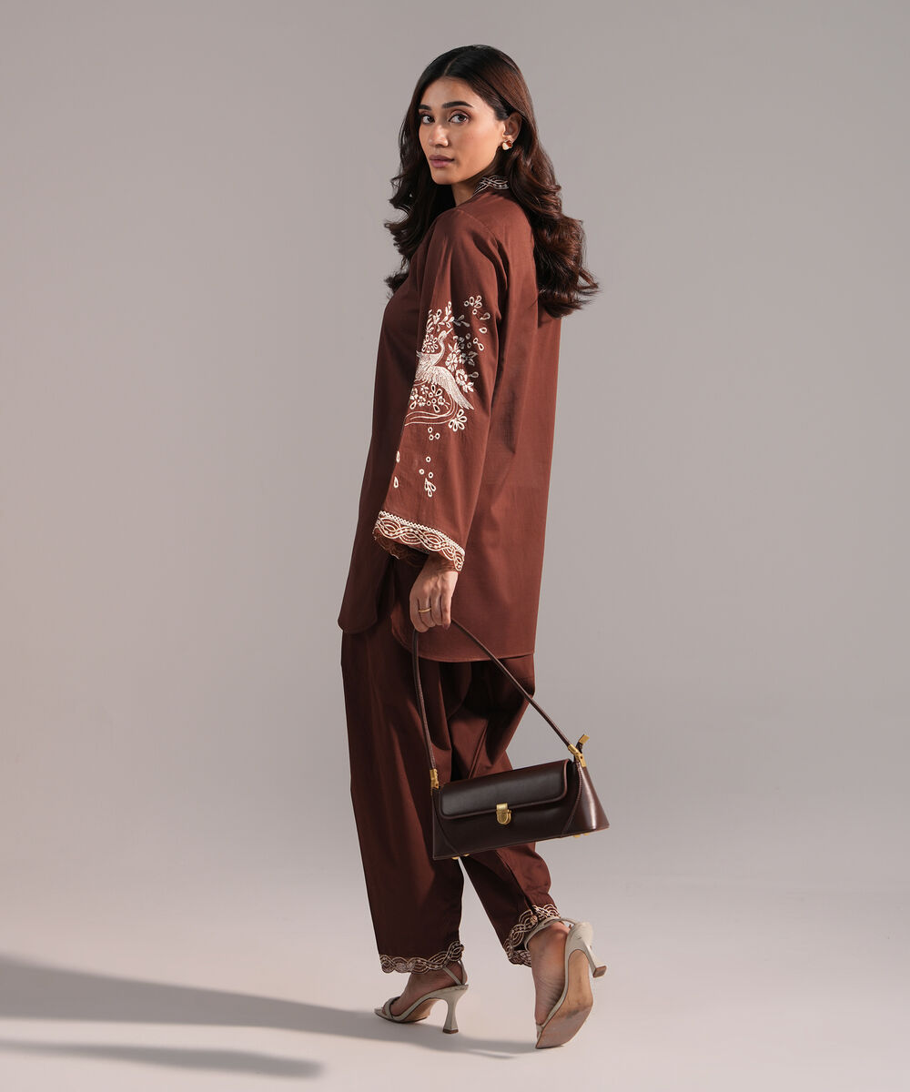 Women's RTW Crosshatch Embroidered Brown Straight Shirt