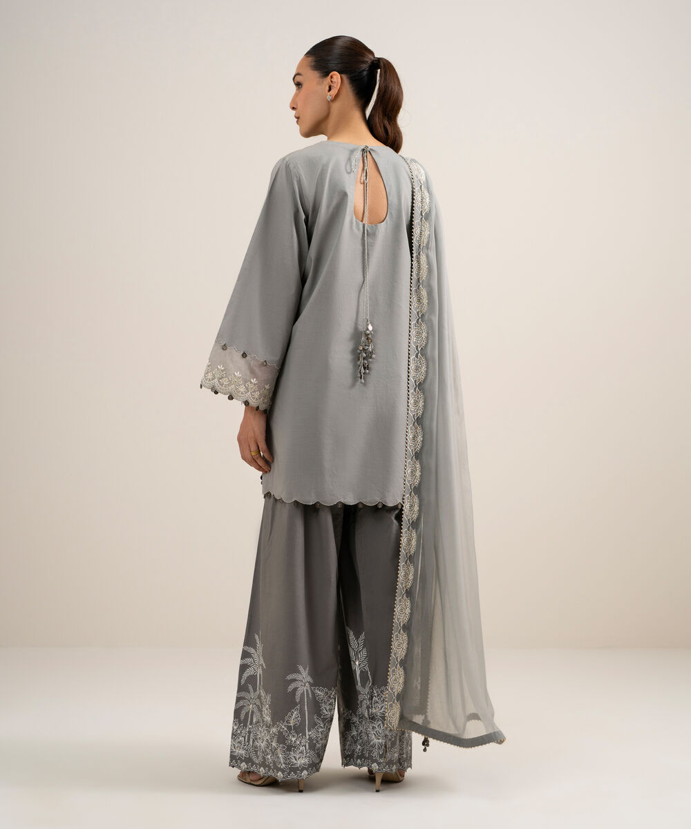 Women's Unstitched Slub Lawn Embroidered Grey 3 Piece Suit