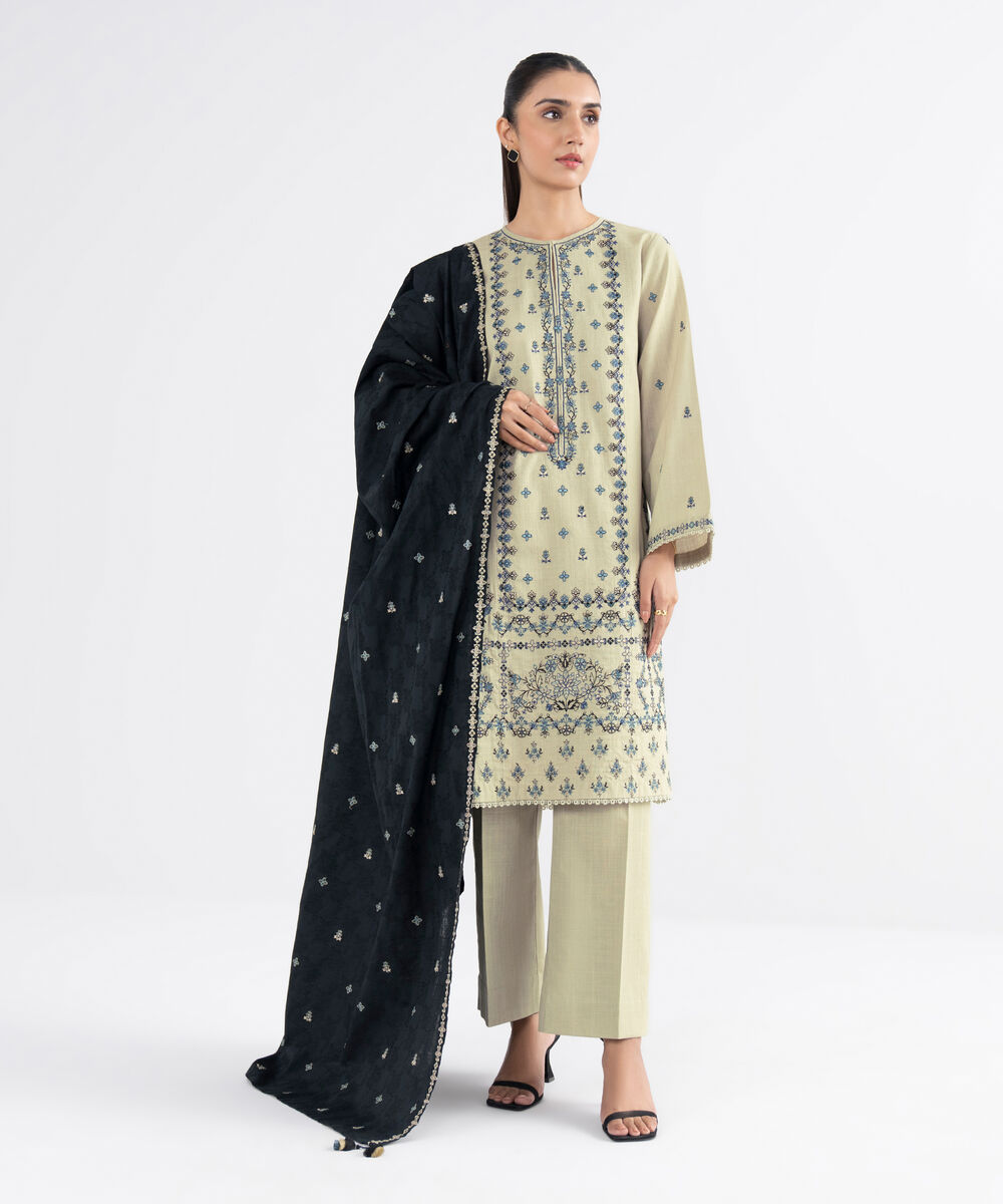 Women's Unstitched Cross Hatch Embroidered Beige 3 Piece Suit