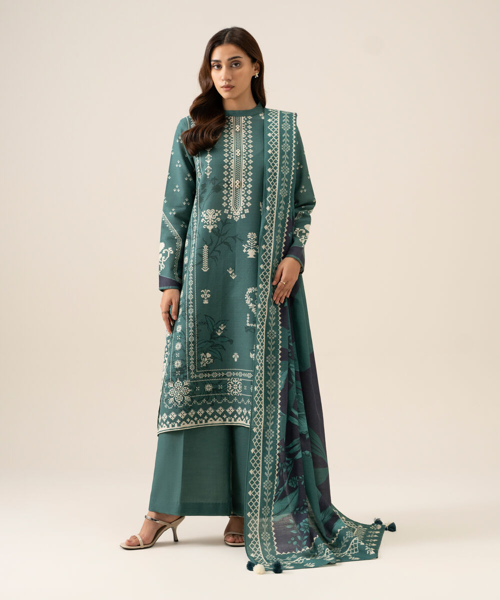 Women's Unstitched Premium Khaddar Printed Green 3 Piece Suit