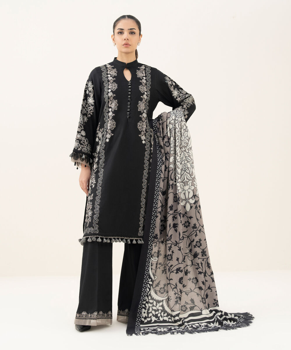 Women's Unstitched Embroidered Fine Cotton Satin Black 3 Piece Suit