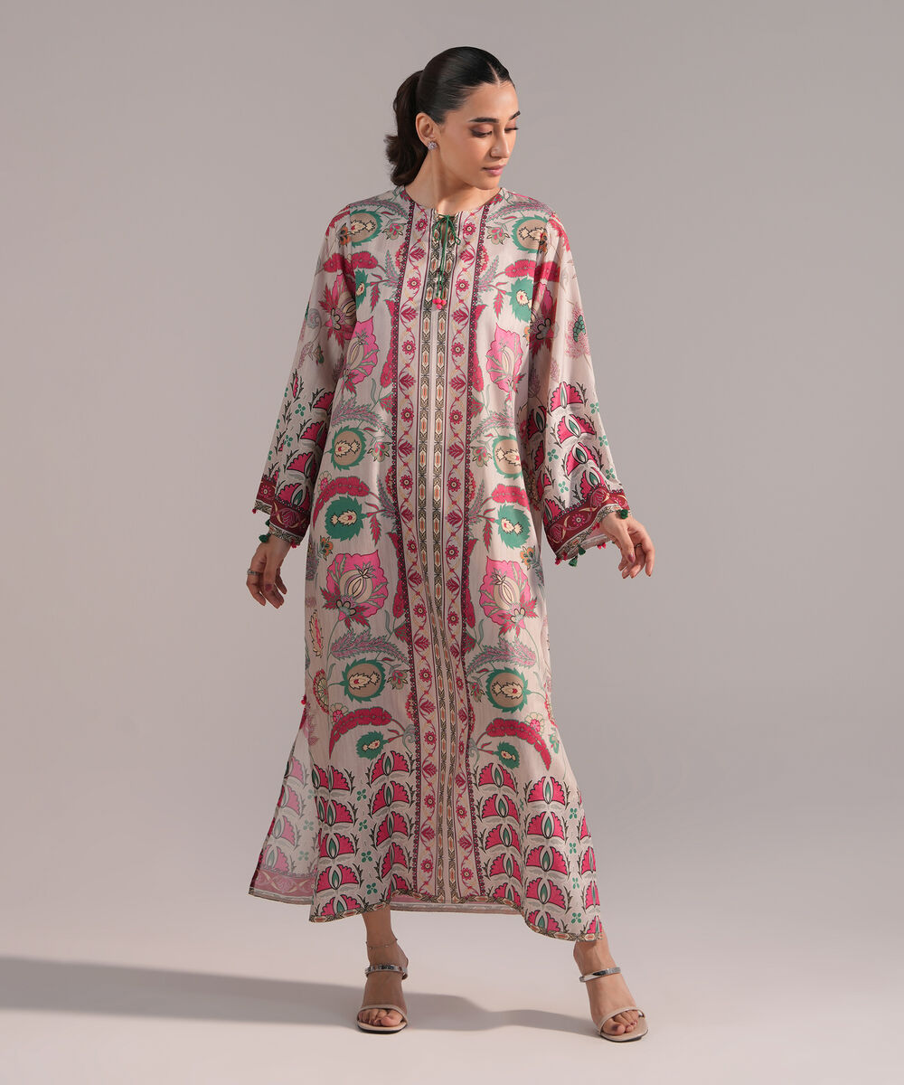 Women's RTW Blended Grip Silk Printed Grey A-Line Shirt