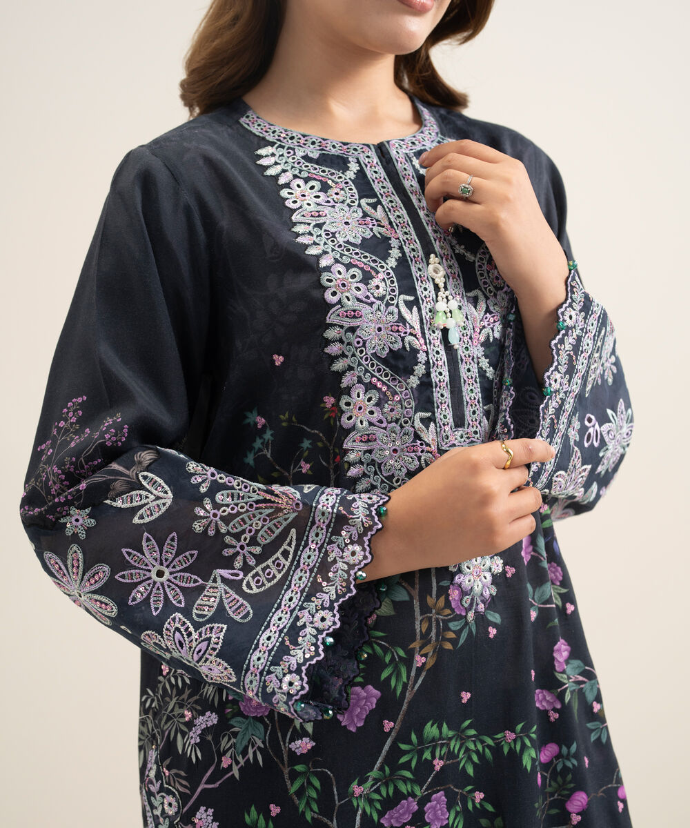 Women's RTW Viscose Raw Silk Embroidered Blue 2 Piece Suit