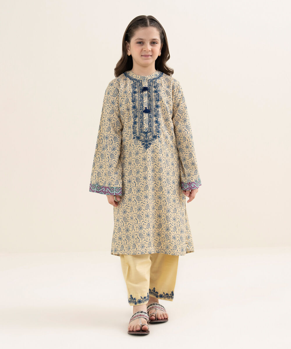 Girl's Herringbone Embroidered Beige 2 Piece Set