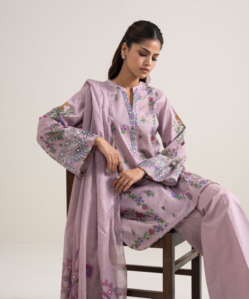 Women's Unstitched Lawn Printed Light Purple 3 Piece Suit