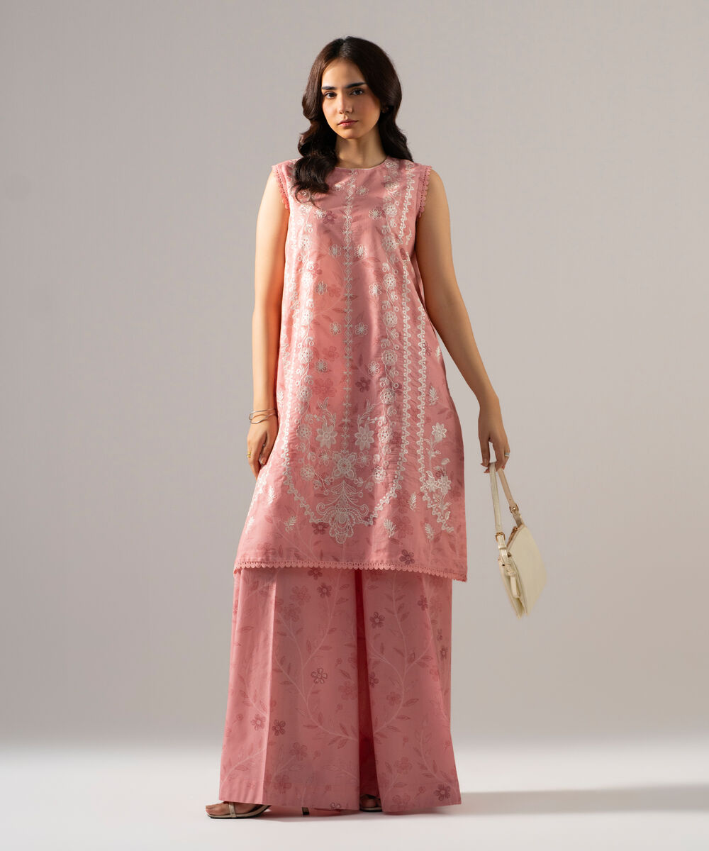 Women's RTW Fancy Cotton Printed Embroidered Pink 2 Piece Suit