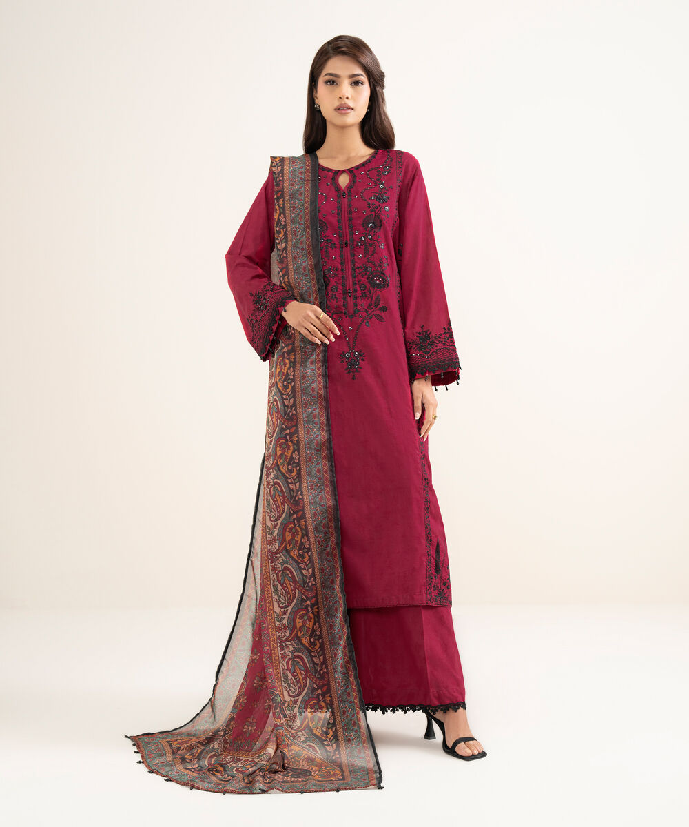 Women's RTW Self Jacquard Embroidered Red A-Line Shirt