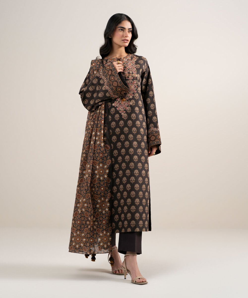 Women's Unstitched Lawn Embroidered Brown 3 Piece Suit