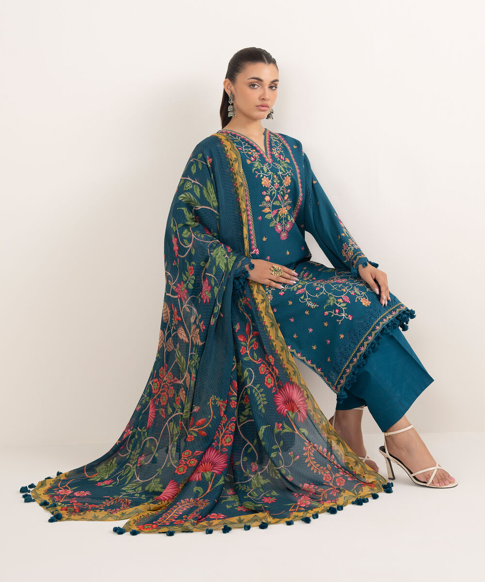 Women's Unstitched Dobby Dyed Three Piece Suit