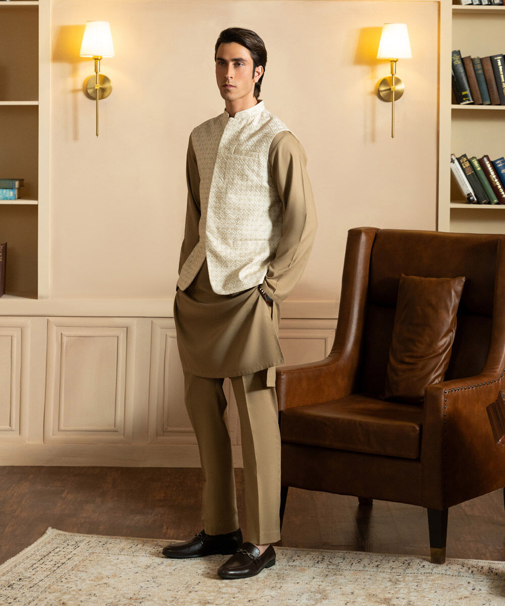 Men's Stitched Embroidered Off White Waistcoat