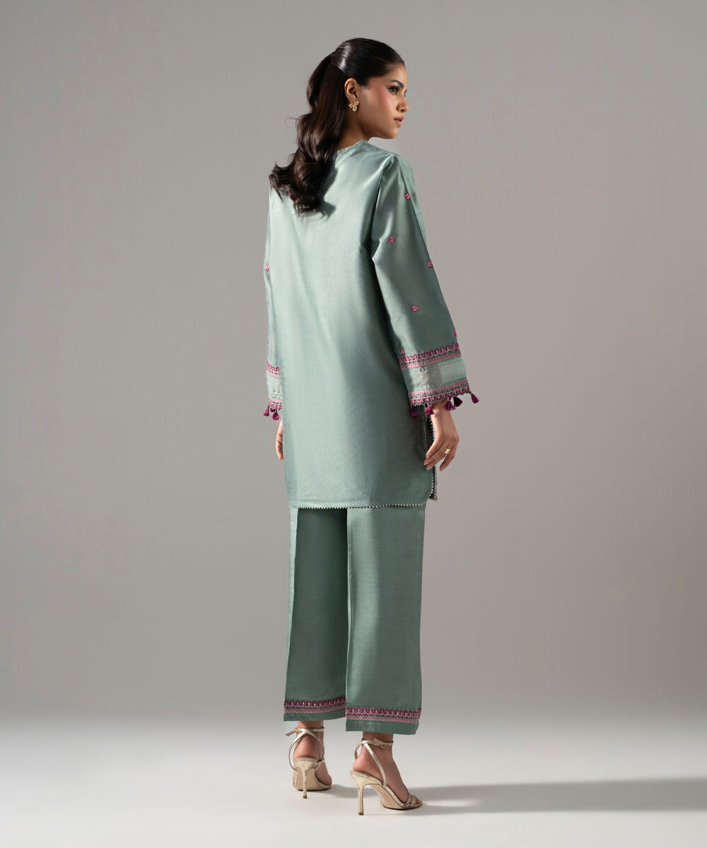 Women's RTW Cotton Net Solid Embroidered Green 2 Piece Suit