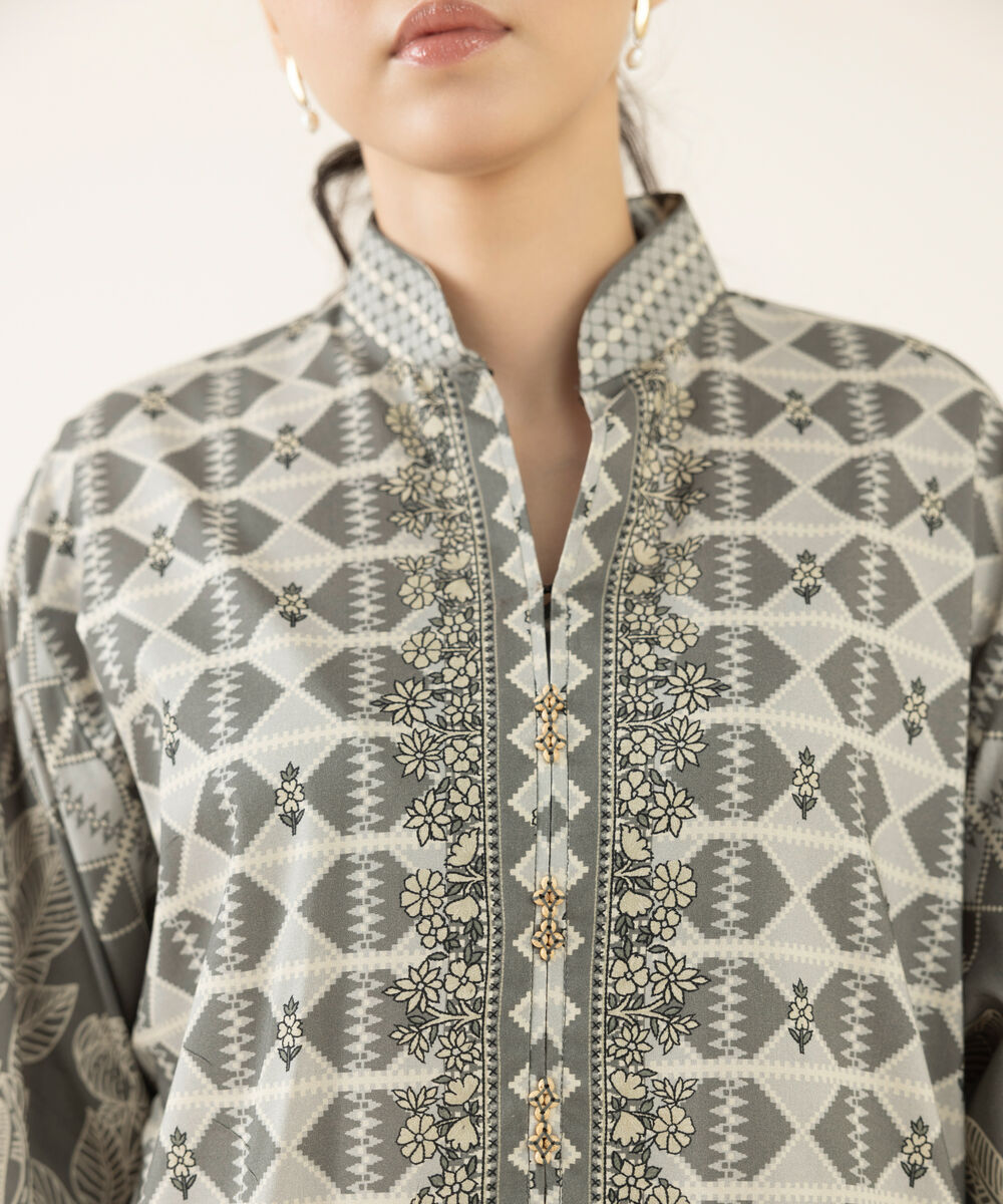 Women's Unstitched Lawn Printed Grey Three Piece Suit