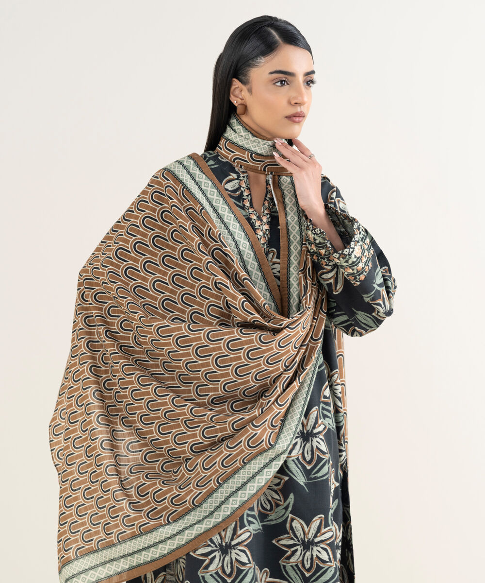 Women's Unstitched Printed Khaddar Black 3 Piece Suit