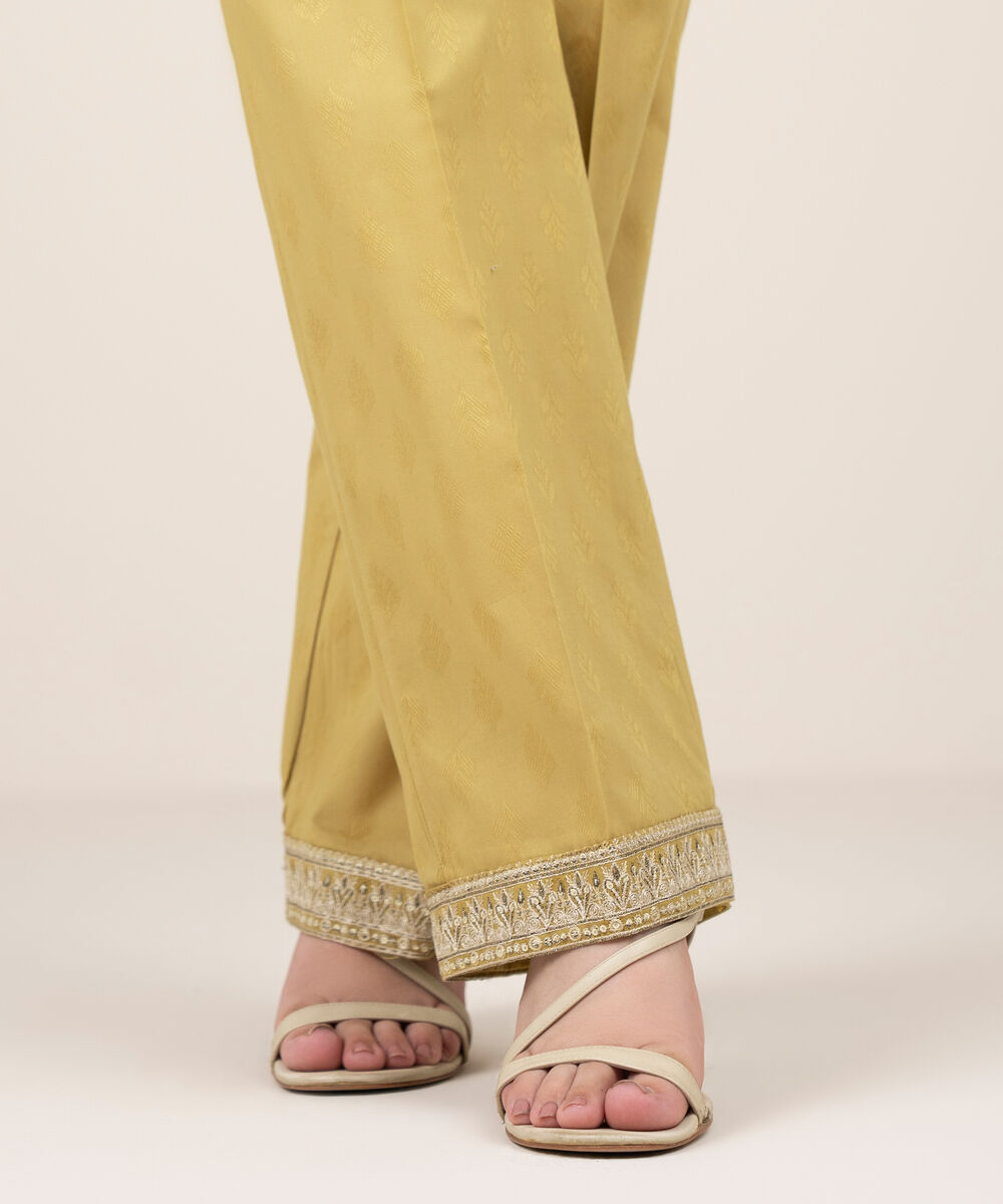Women's RTW Self Jacquard Leno Embroidered Yellow Straight Pants