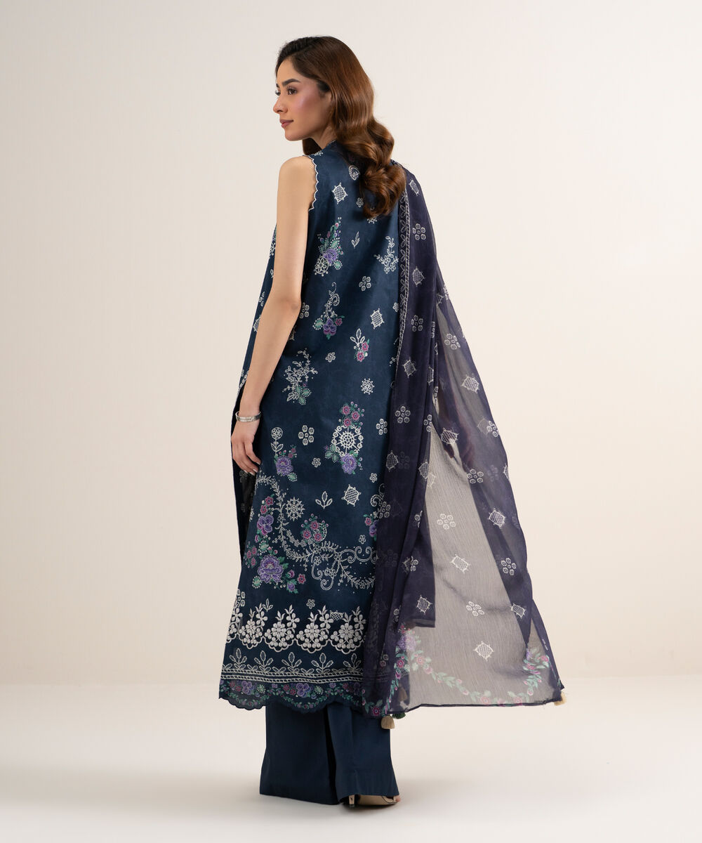 Women's Unstitched Lawn Embroidered Blue 3 Piece Suit