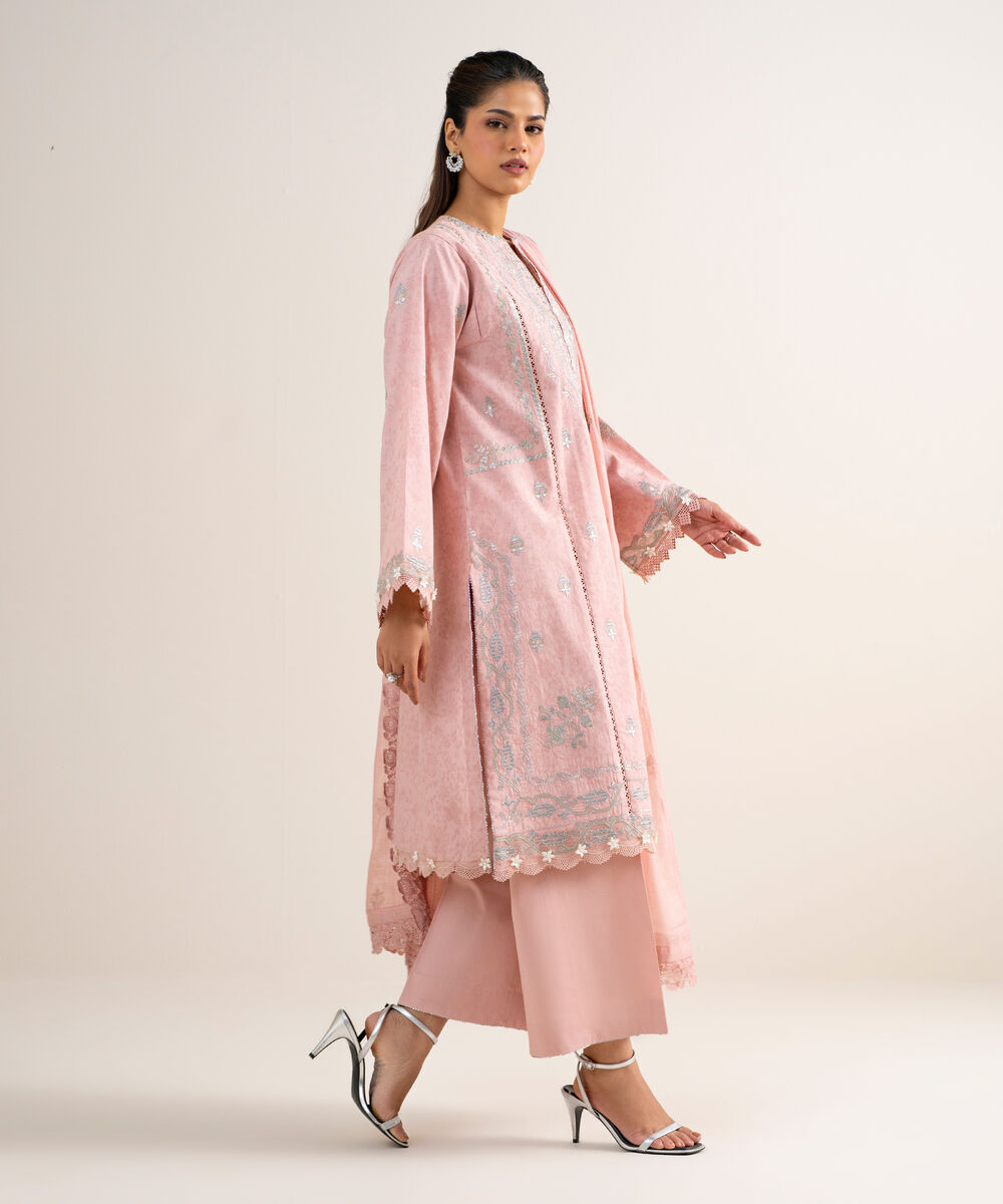 Women's Unstitched Cotton Jacquard Embroidered Pink