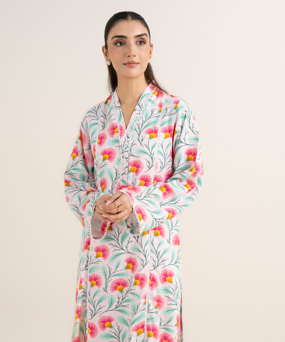 Women's RTW Herringbone Printed Pink A-Line Shirt