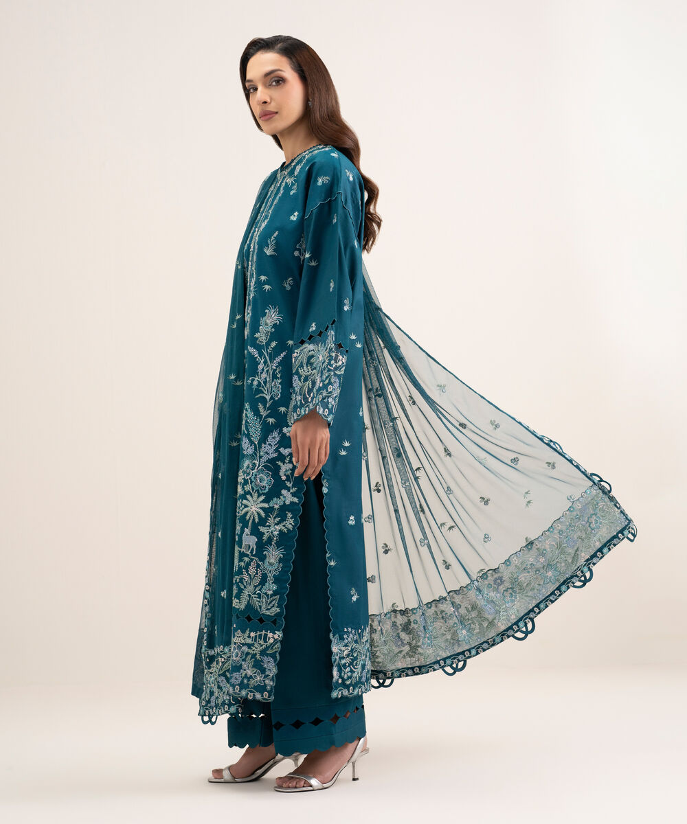 Women's Unstitched Fine Cotton Satin Embroidered Blue 3 Piece Suit