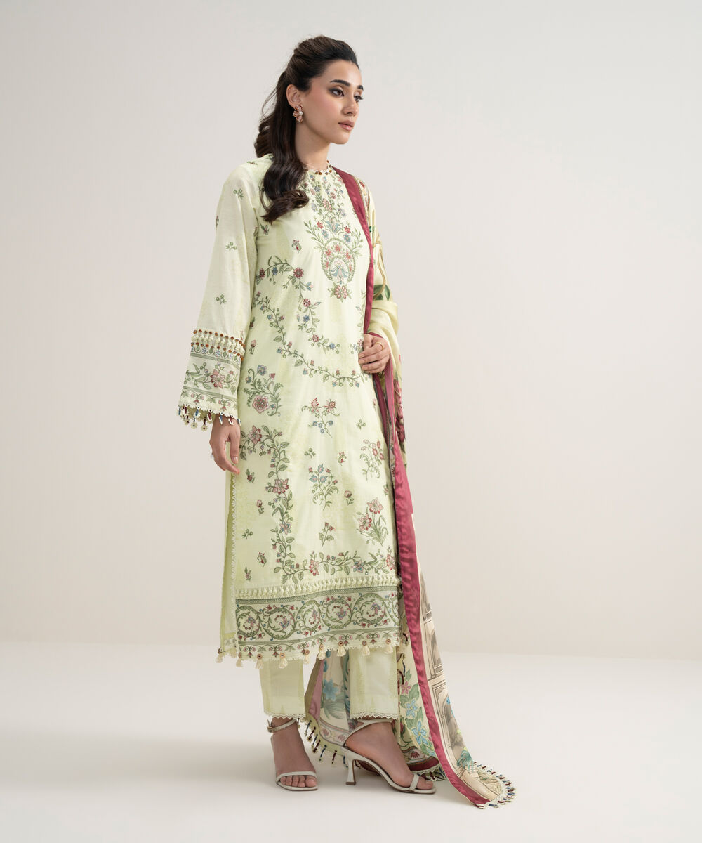 Women's Unstitched Lawn Embroidered Yellow 3 Piece Suit