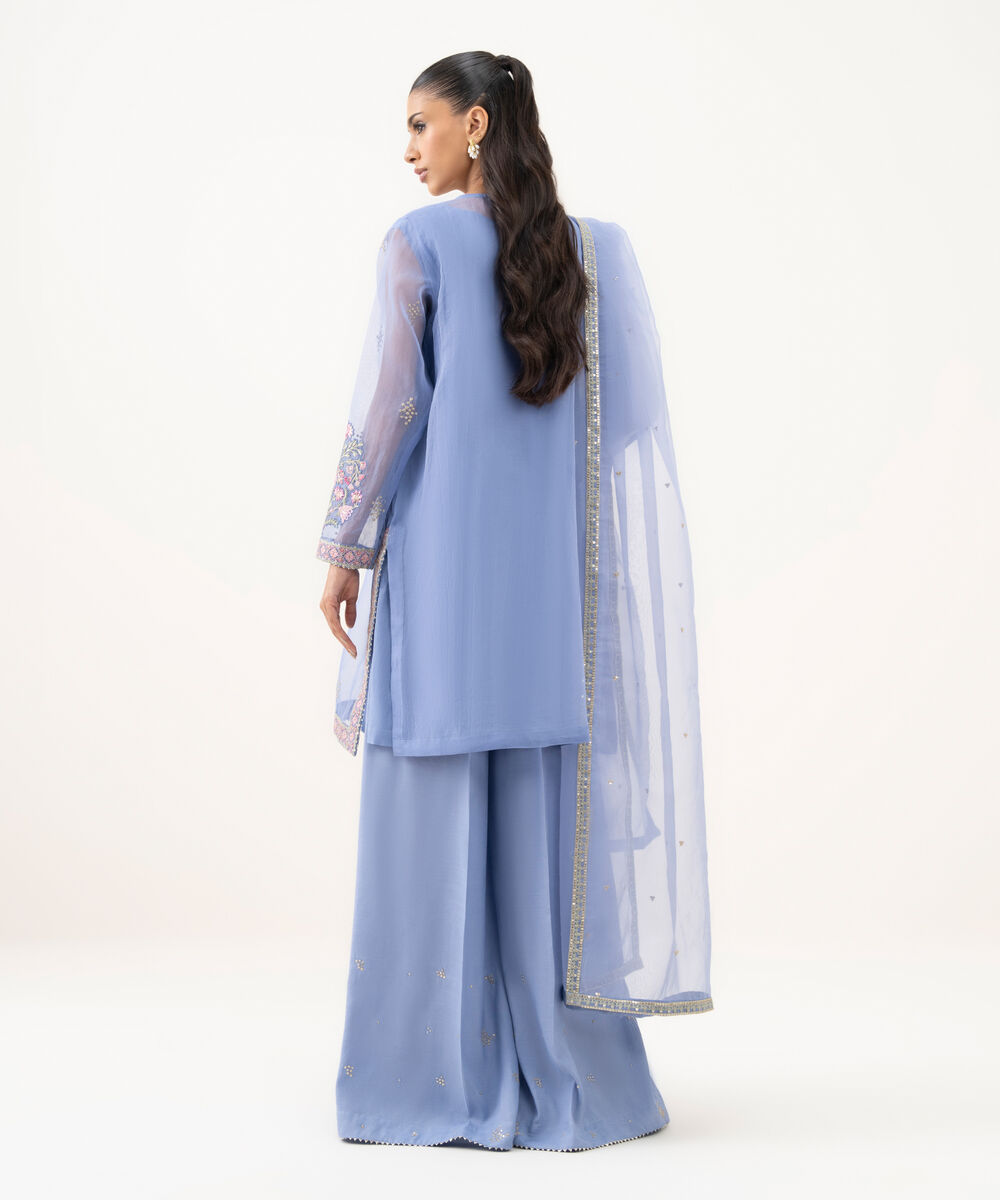 Women's RTW Blended Organza Embroidered Blue Three Piece Suit