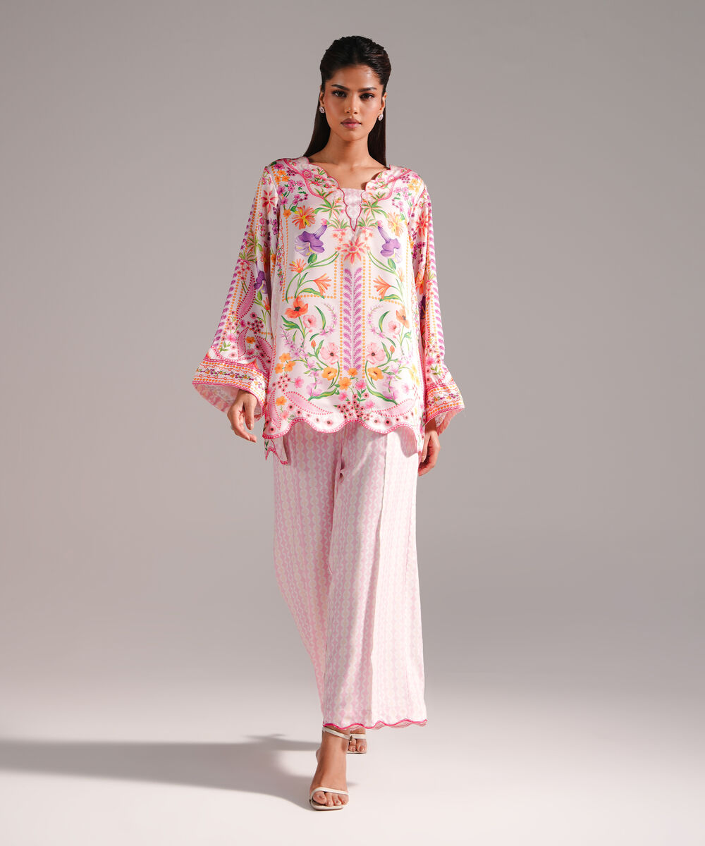 Women's RTW Blended Satin Printed Pink 2 Piece Suit