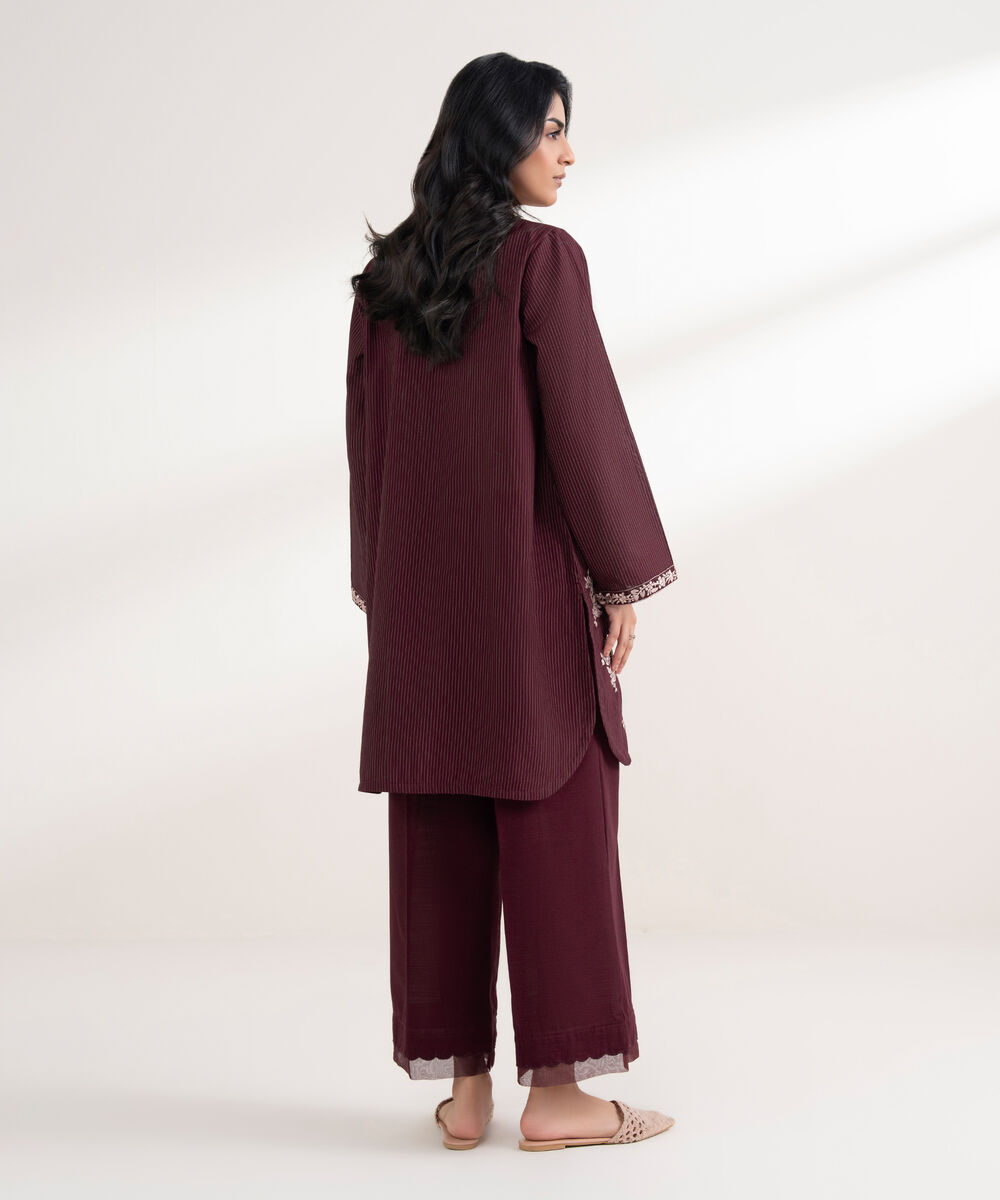 Women's RTW Light Khaddar Embroidered Maroon Straight Shirt