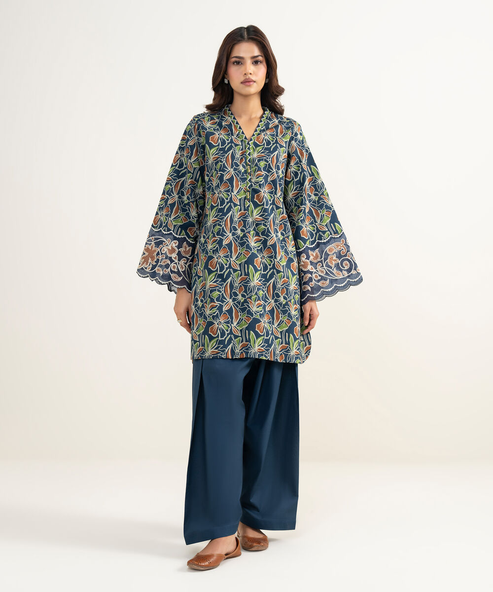Women's Unstitched Lawn Embroidered Blue 2 Piece Suit