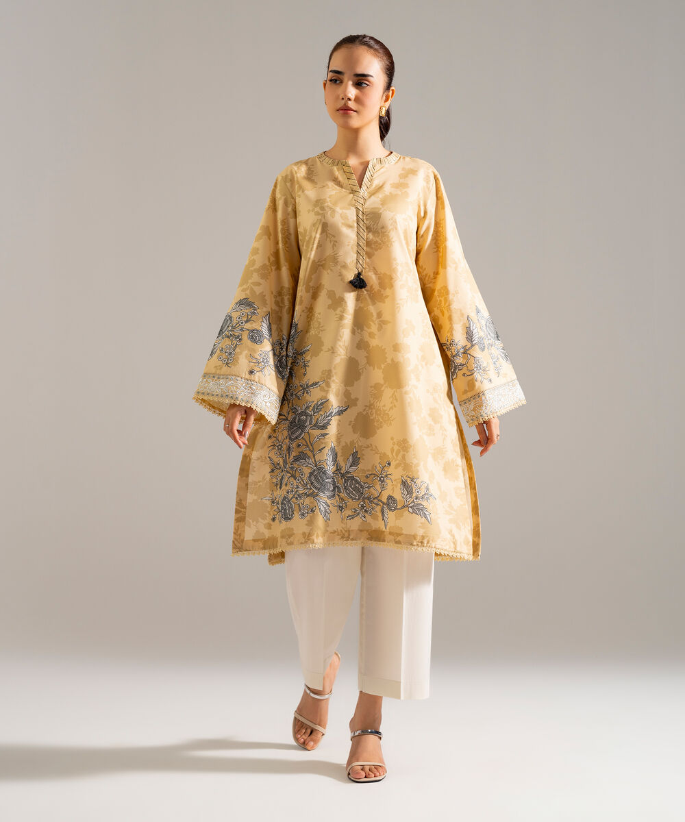 Women's RTW Zari Lawn Embroidered Beige Straight Shirt